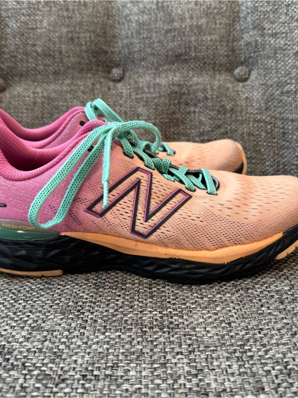 New Balance Women's Peach and Pink Running Shoes with Mint Laces